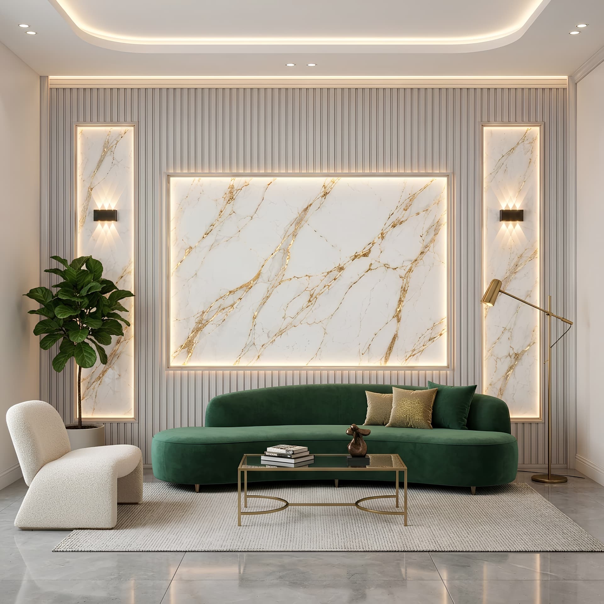 3D Slat Panel and Gold Vein Marble Wallpaper