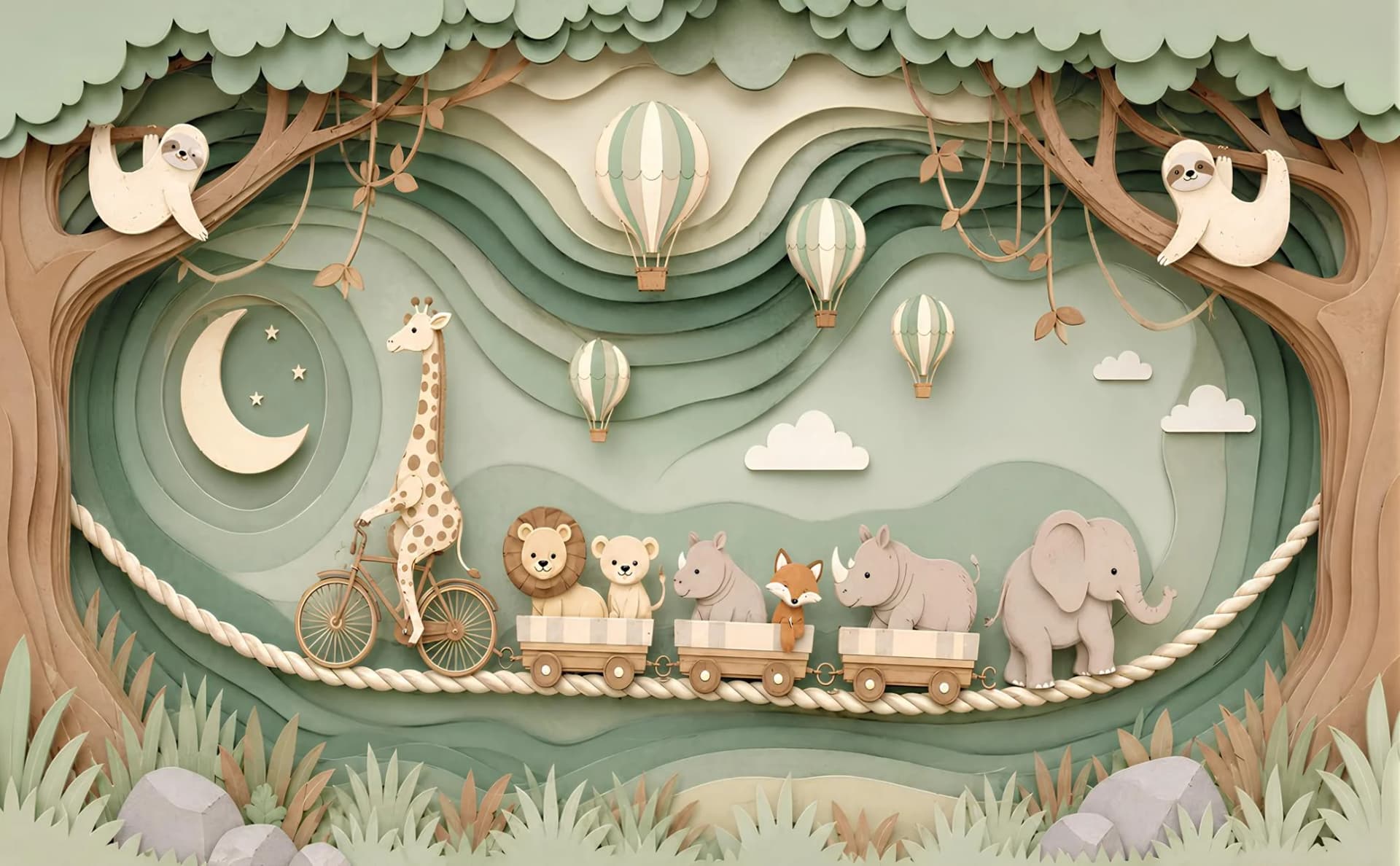 Çocuk Odası duvar kağıdı — 3D Görünümlü Pastel Safari Hayvanları Bebek ve Çocuk Odası Duvar Kağıdı