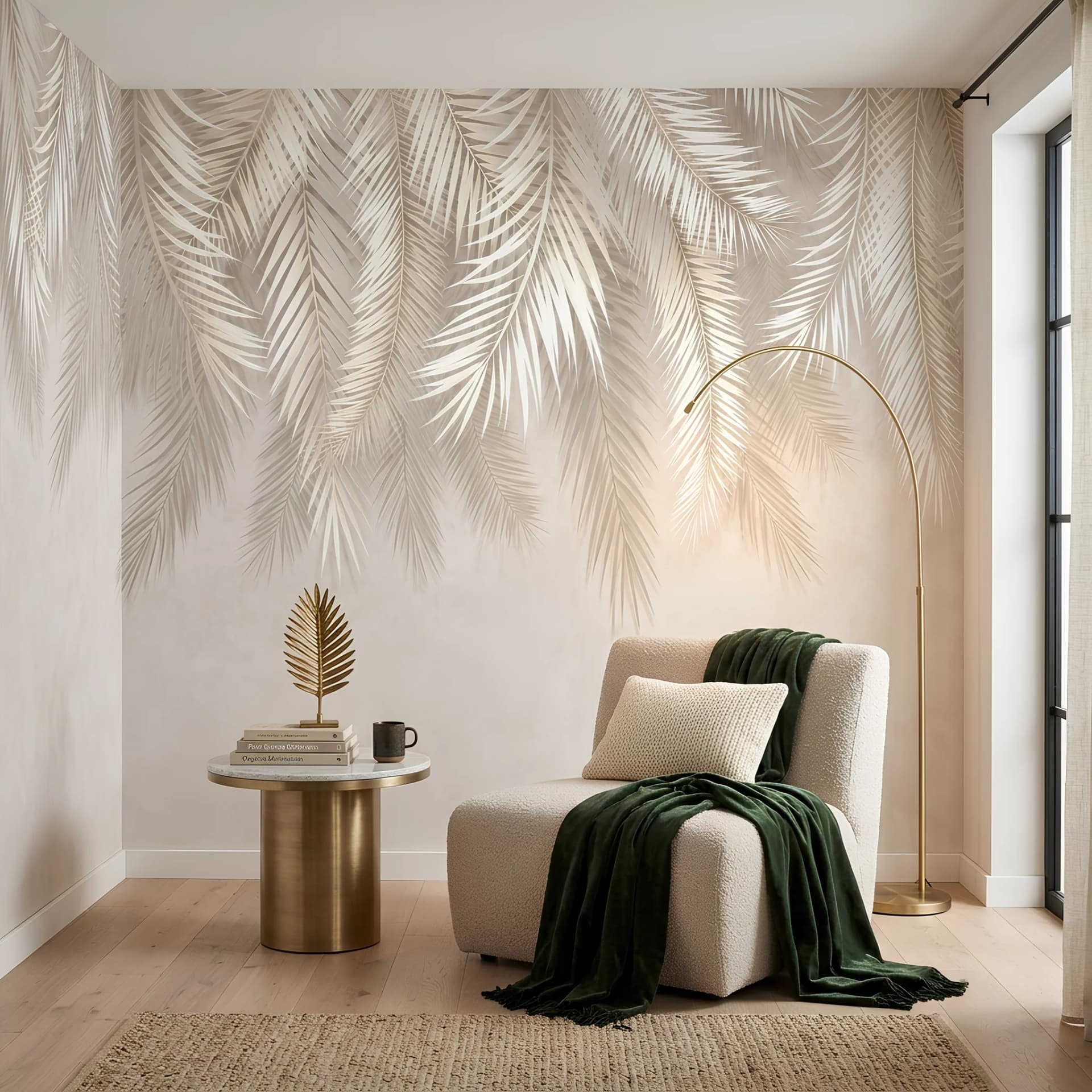 Soft Botanical Palm Wallpaper in Light Tones