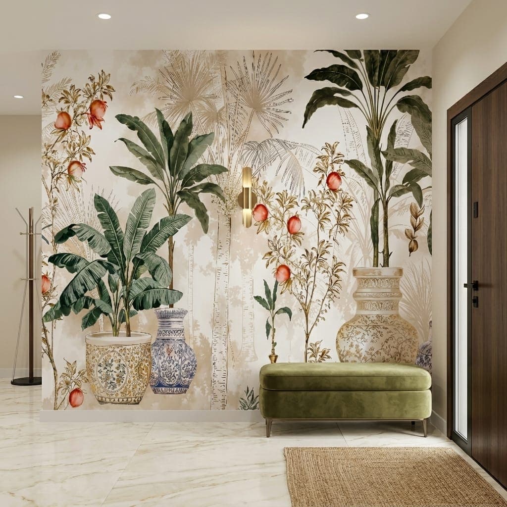 Pomegranate & Banana Tree in Antique Pots Botanical Wallpaper