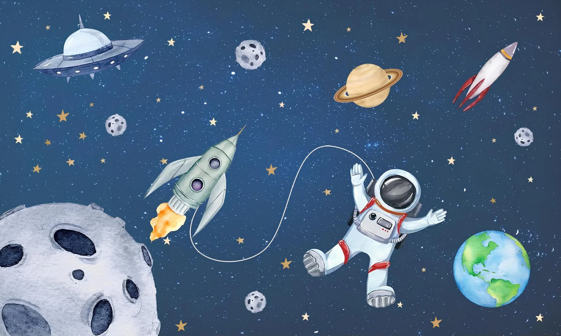 Çocuk Odası duvar kağıdı — Astronot ve Ufo Desenli Erkek Çocuk Odası Duvar Kağıdı