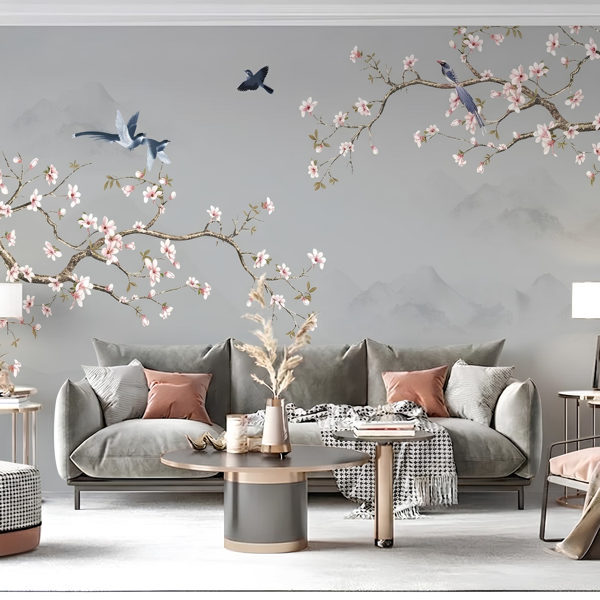 Papier peint chinoiserie oiseaux et branches fleuries