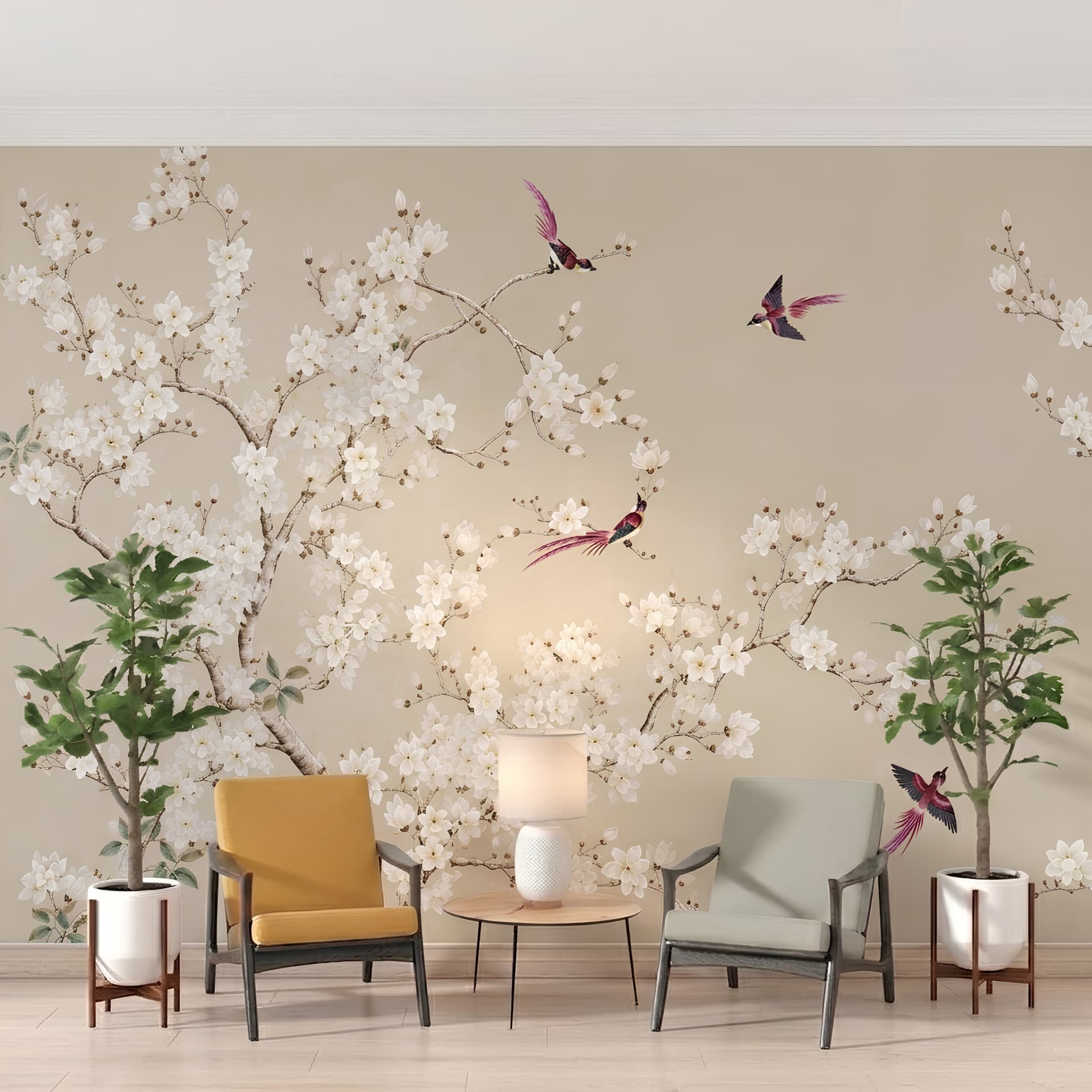 Papier peint fleurs blanches et oiseaux exotiques