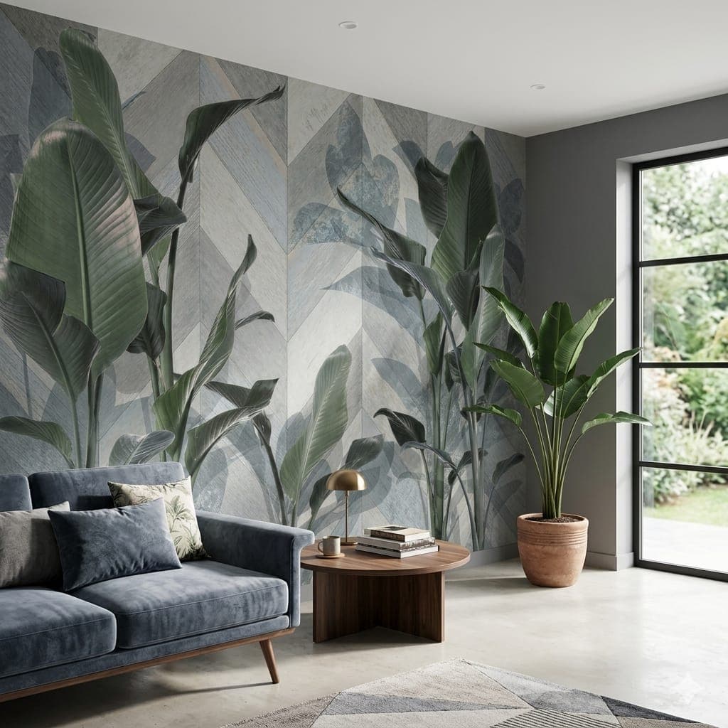 Tropical Green Leaves on Distressed Wood Wallpaper