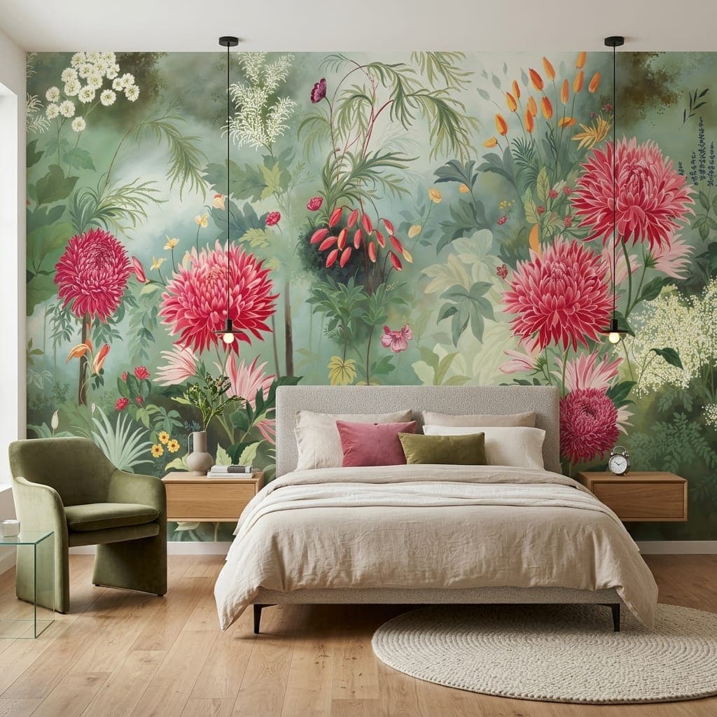 Large Pink Chrysanthemum & Leaf Wallpaper