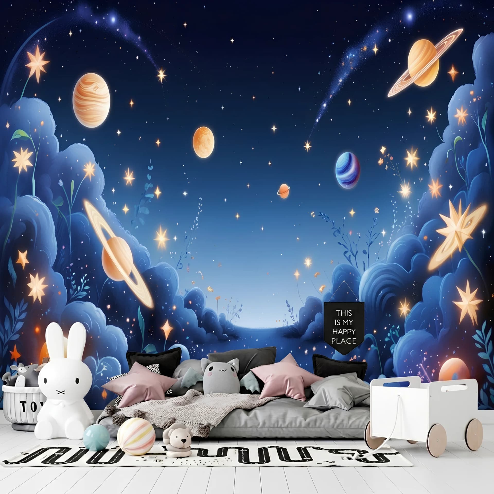 Magical Space and Planets Textile Wallpaper for Kids Rooms