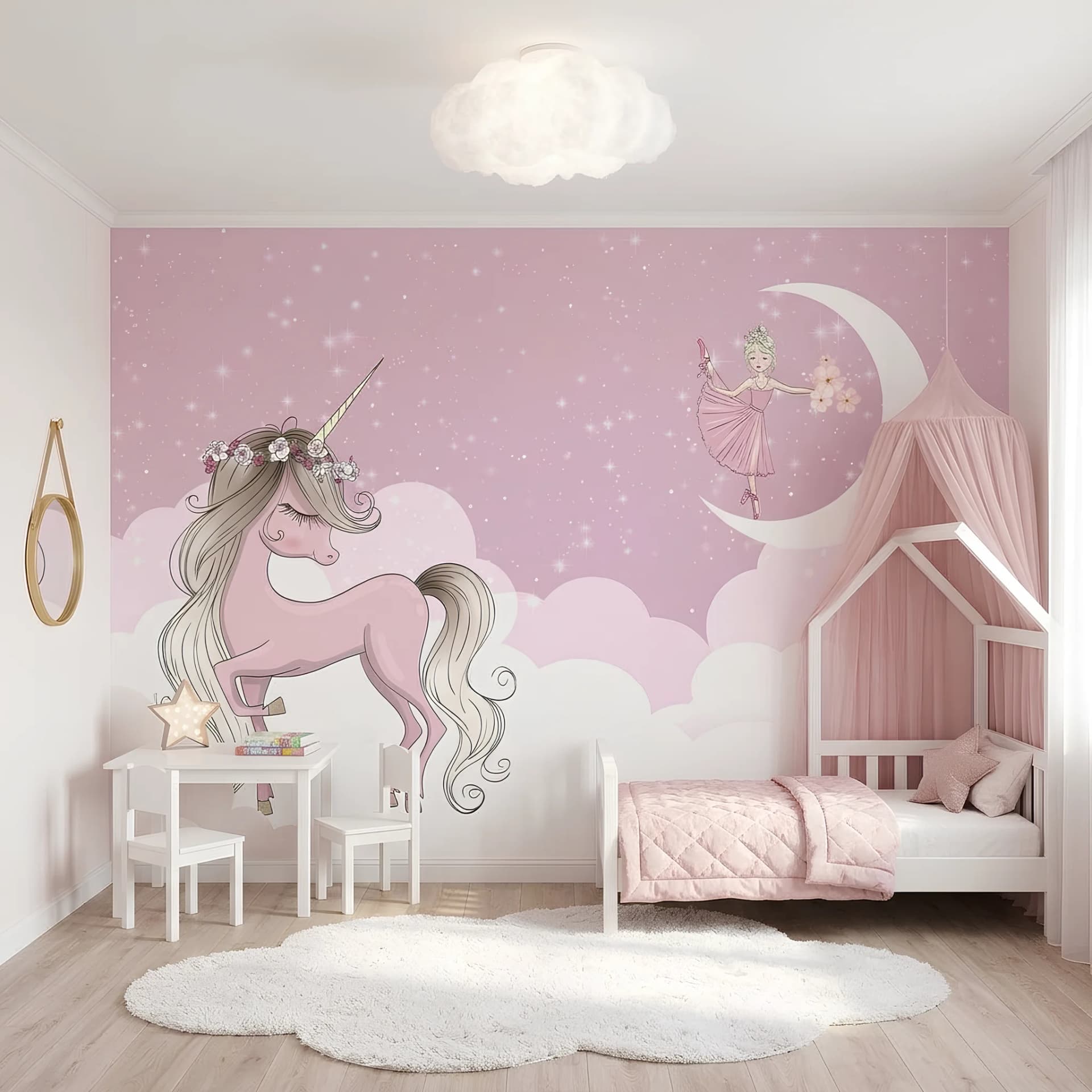 Çocuk Odası duvar kağıdı — Çocuk Ve Bebek Odası Pembe Çiçek Taçlı Unicorn Ve Balerin Temalı Duvar Kağıdı