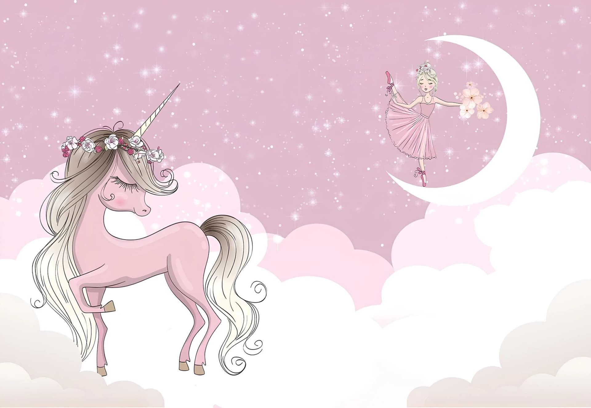 Çocuk Odası duvar kağıdı — Çocuk Ve Bebek Odası Pembe Çiçek Taçlı Unicorn Ve Balerin Temalı Duvar Kağıdı