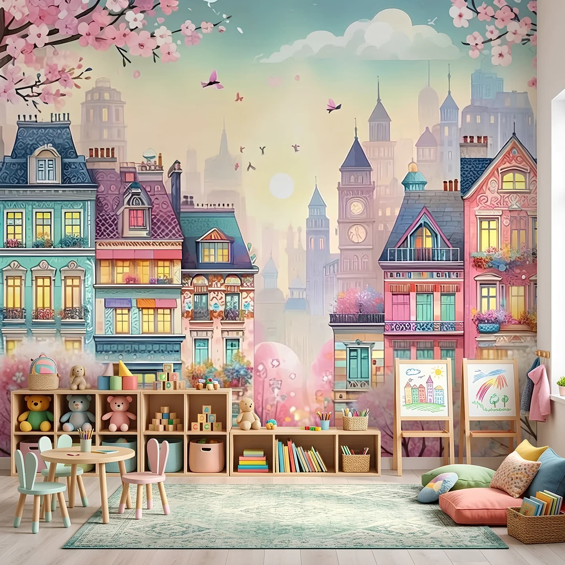 Papier peint illustration ville de conte pour chambre d'enfant et d'ado