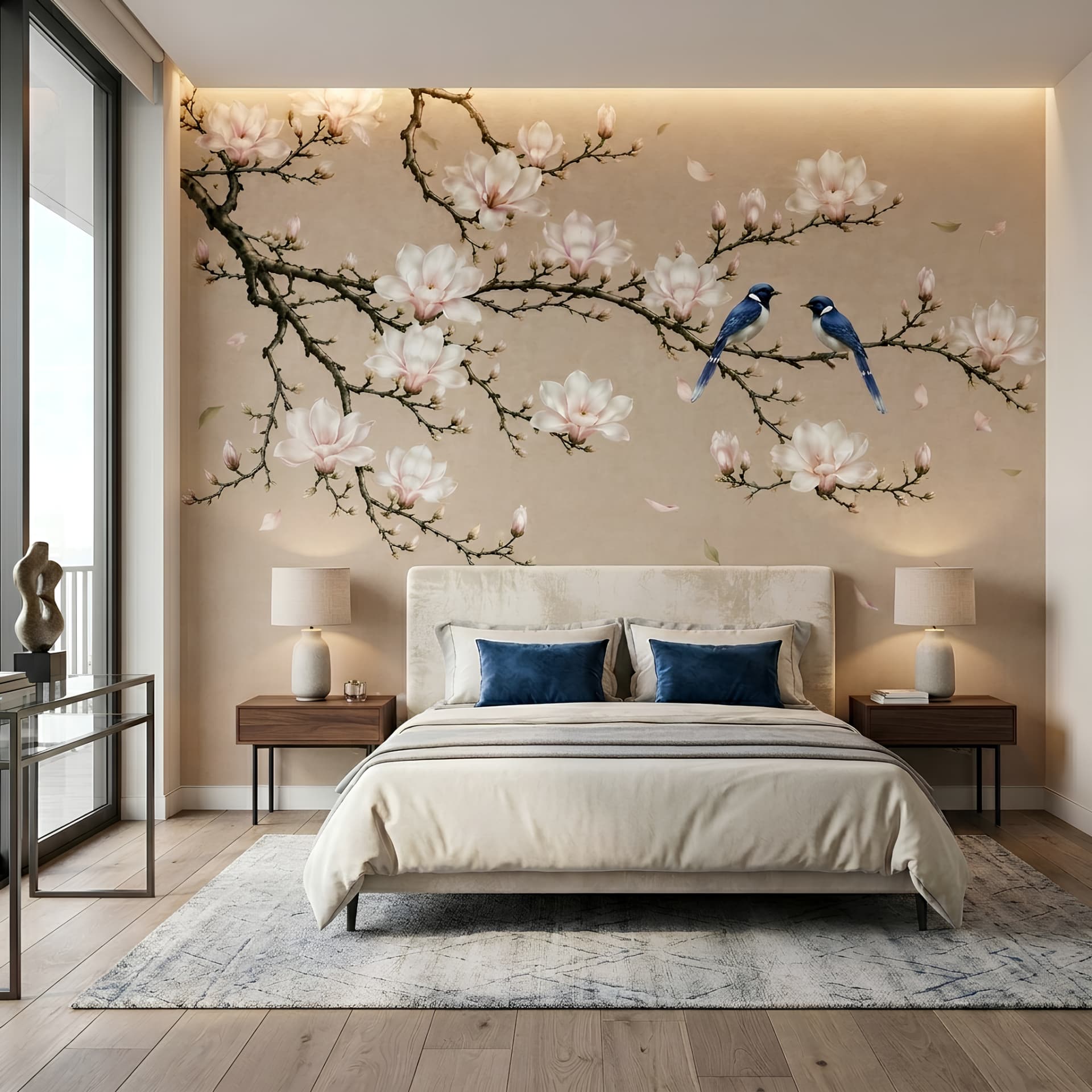 Papier peint paysage nature fleurs et oiseaux
