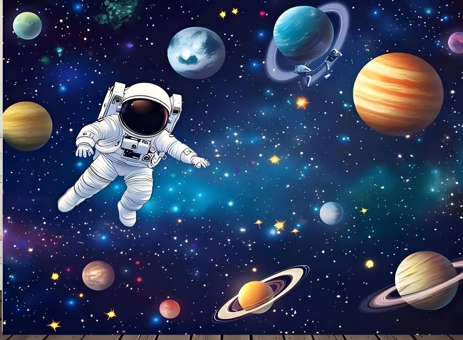 Çocuk Odası duvar kağıdı — Gezegenler ve Uçan Astronot Desenli Silinebilir Duvar Kağıdı