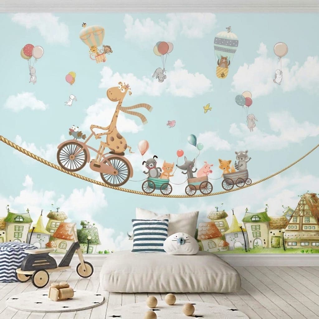 Kinderzimmer duvar kağıdı — Fahrrad fahrende Giraffe, Balloons & Tiere Babyzimmer Fototapete