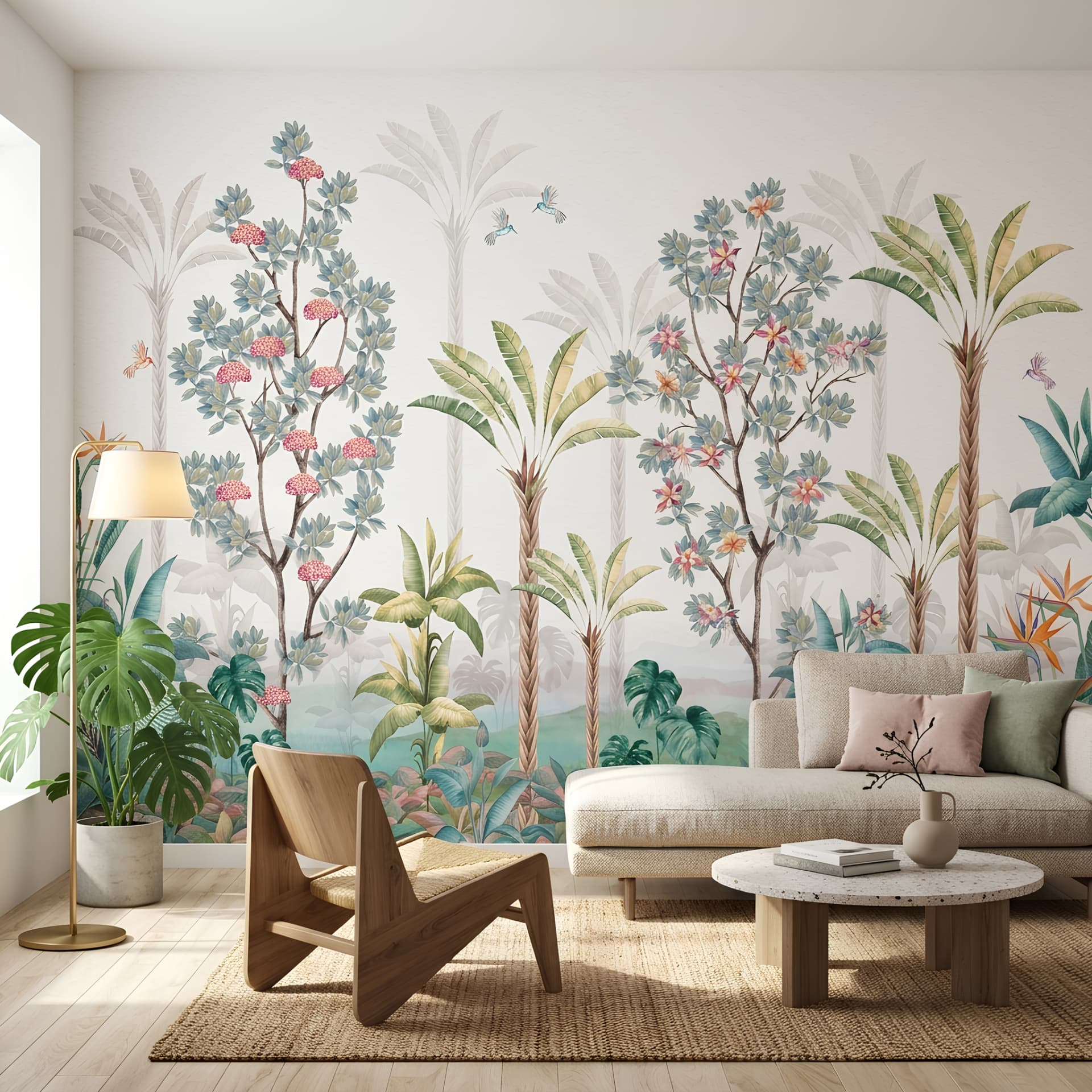 Papier peint jungle exotique et colibris texture textile