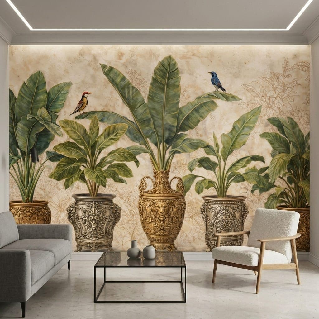 Classic Potted Botanical Plants & Bird Motif Wallpaper