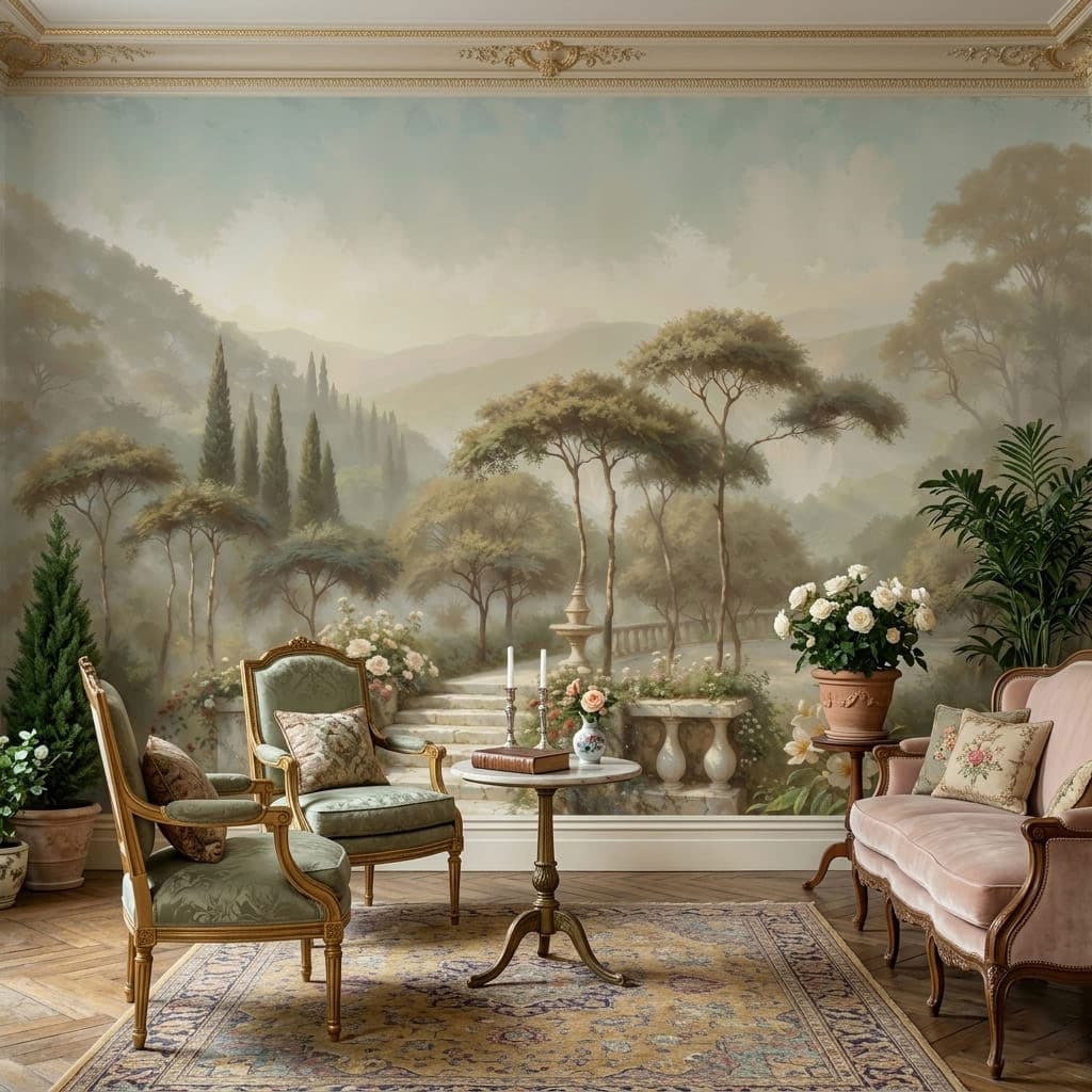 Wohnzimmer duvar kağıdı — Klassisch Stein Treppe Botanisch Landschaft Fototapete
