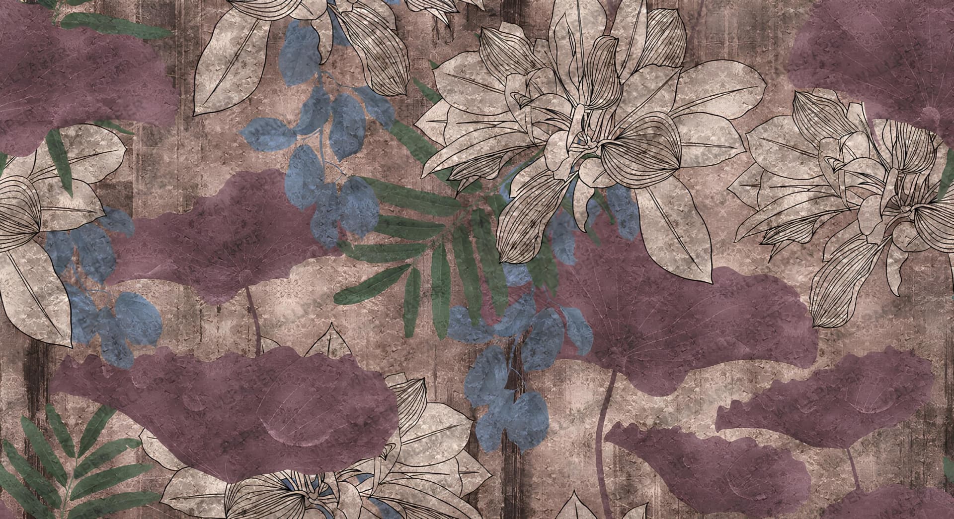 Vintage duvar kağıdı — Lila Bahçesi Vintage Floral Desenli Tek Parça Dijital Baskı Duvar Kağıdı