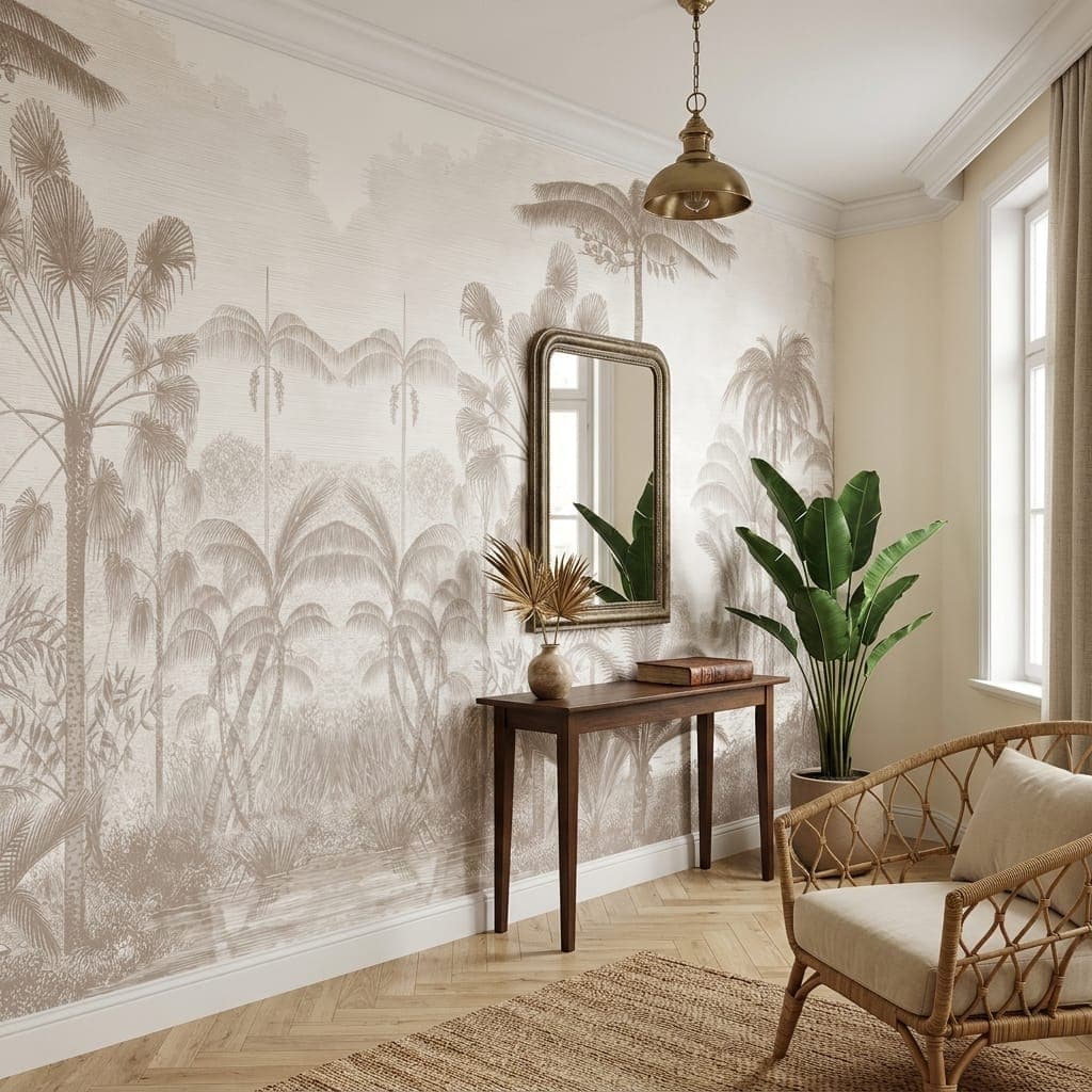 Monochrome Palm and Botanical Sketch Wallpaper