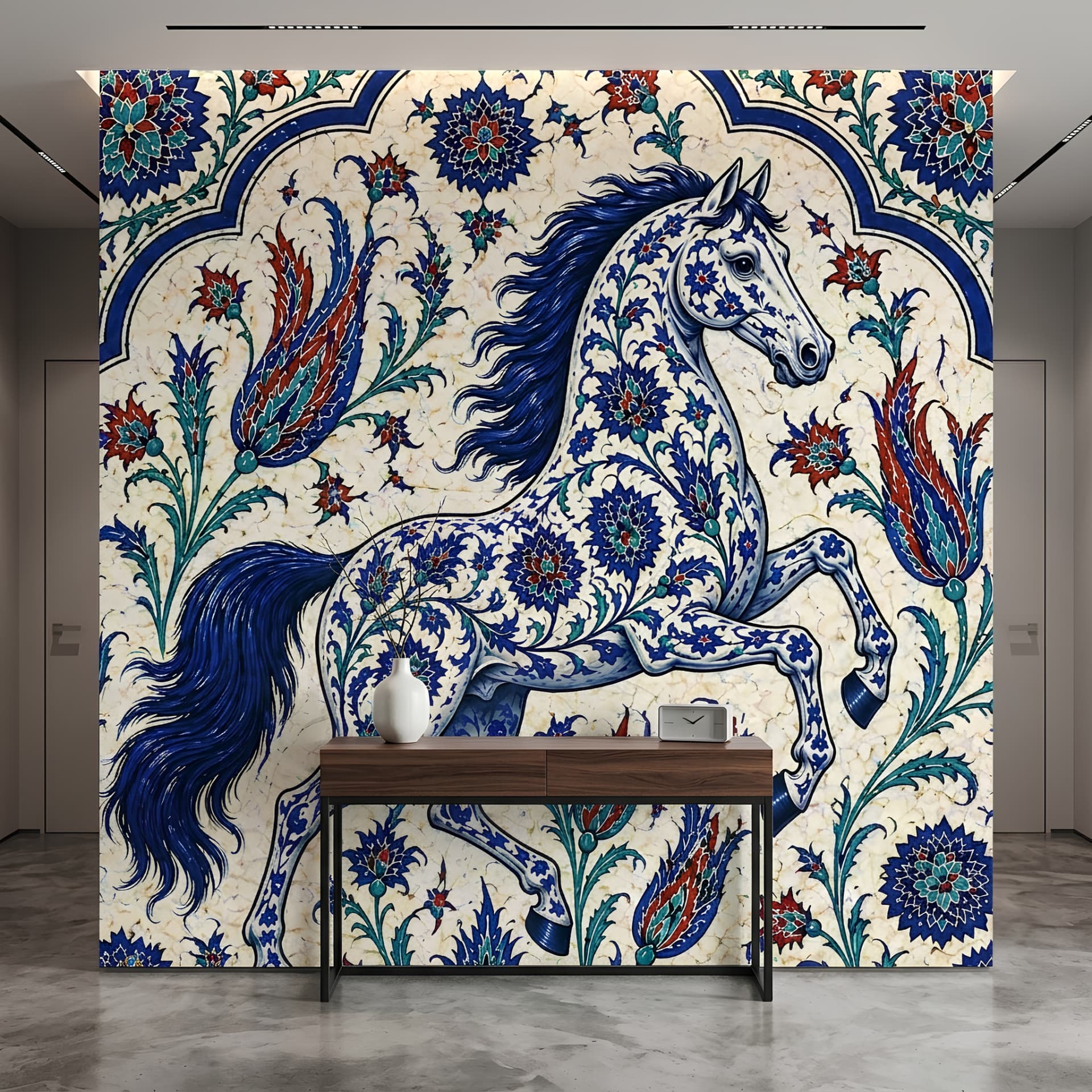 Osmanlı Motifli Lale ve At Desenli Mavi Çini Duvar Kağıdı