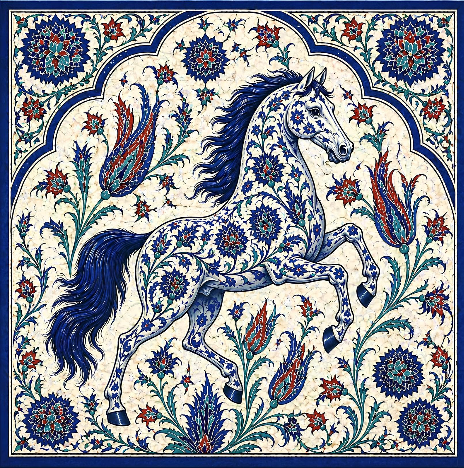Osmanlı Motifli Lale ve At Desenli Mavi Çini Duvar Kağıdı