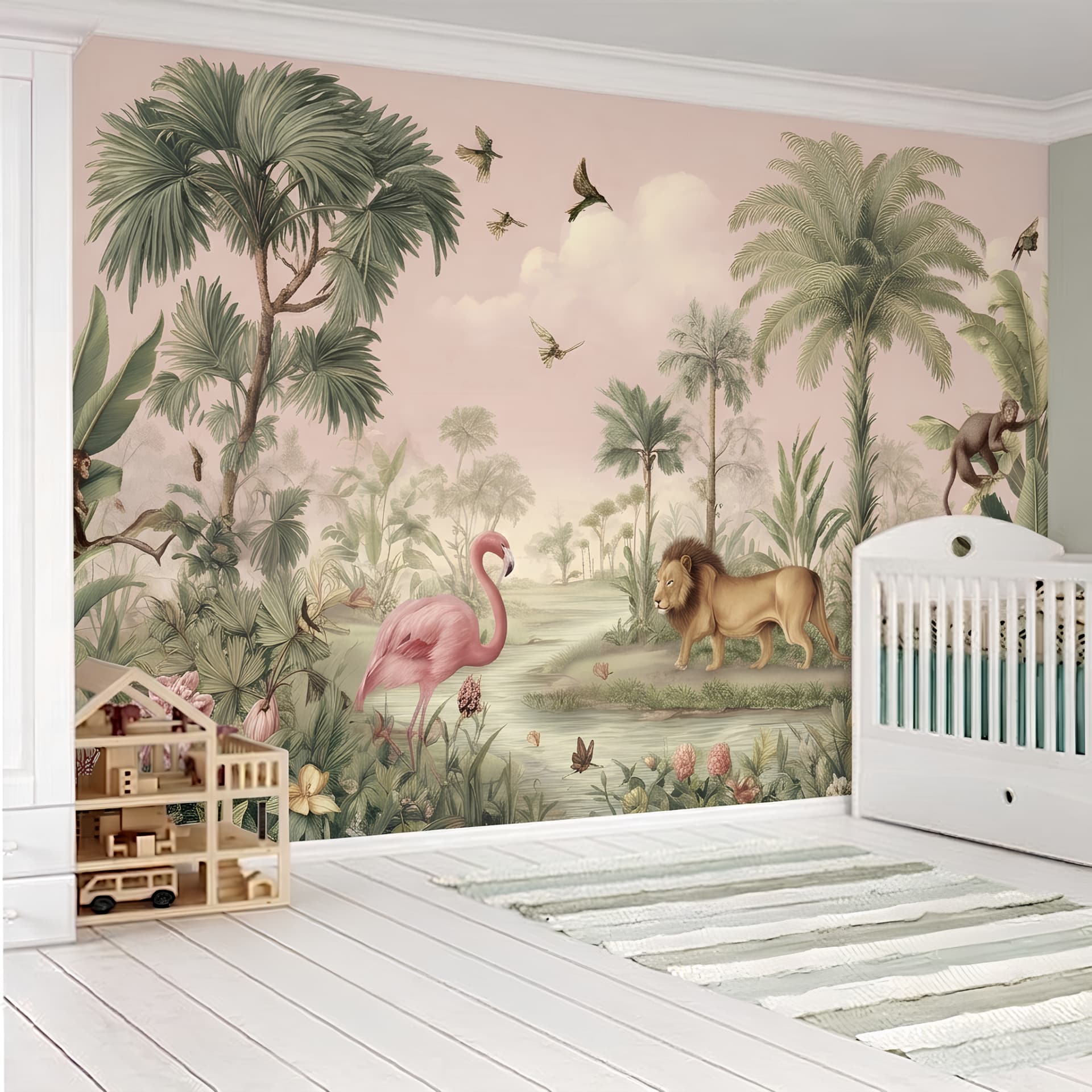 Papier peint textile jungle tropicale fond rose poudré