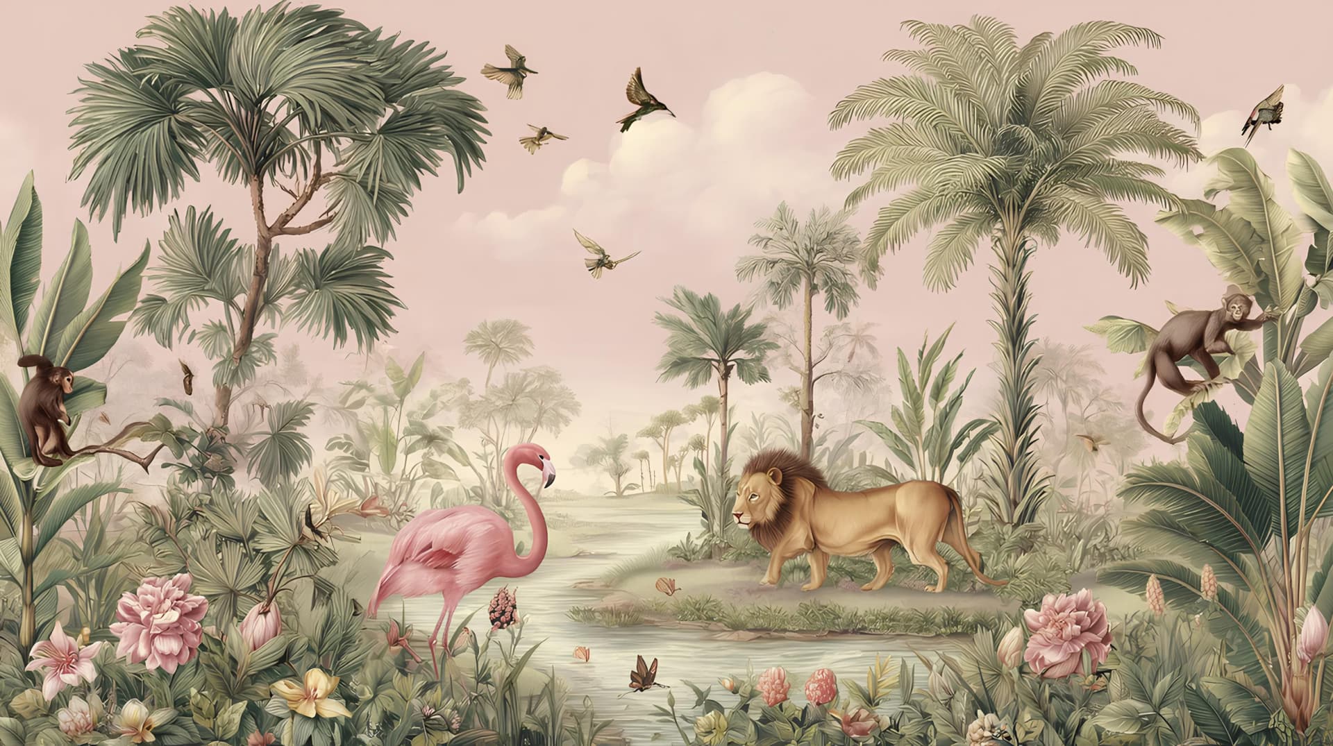Tekstil Duvar Kağıdı duvar kağıdı — Pastel Pembe Zeminli Tropikal Orman Manzaralı Tekstil Duvar Kağıdı