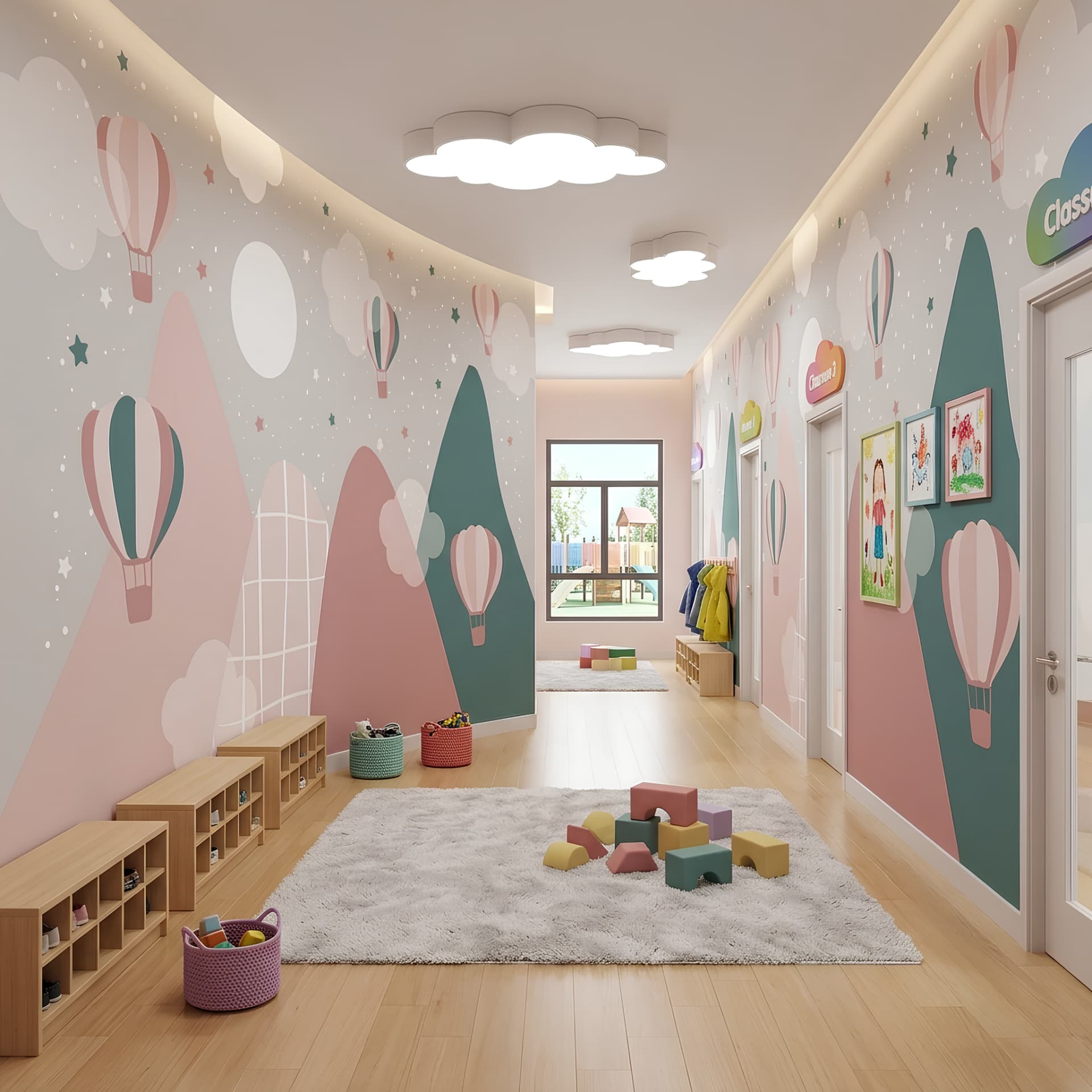 Fototapete Heißluftballons und Berge in Pastell fürs Kinderzimmer