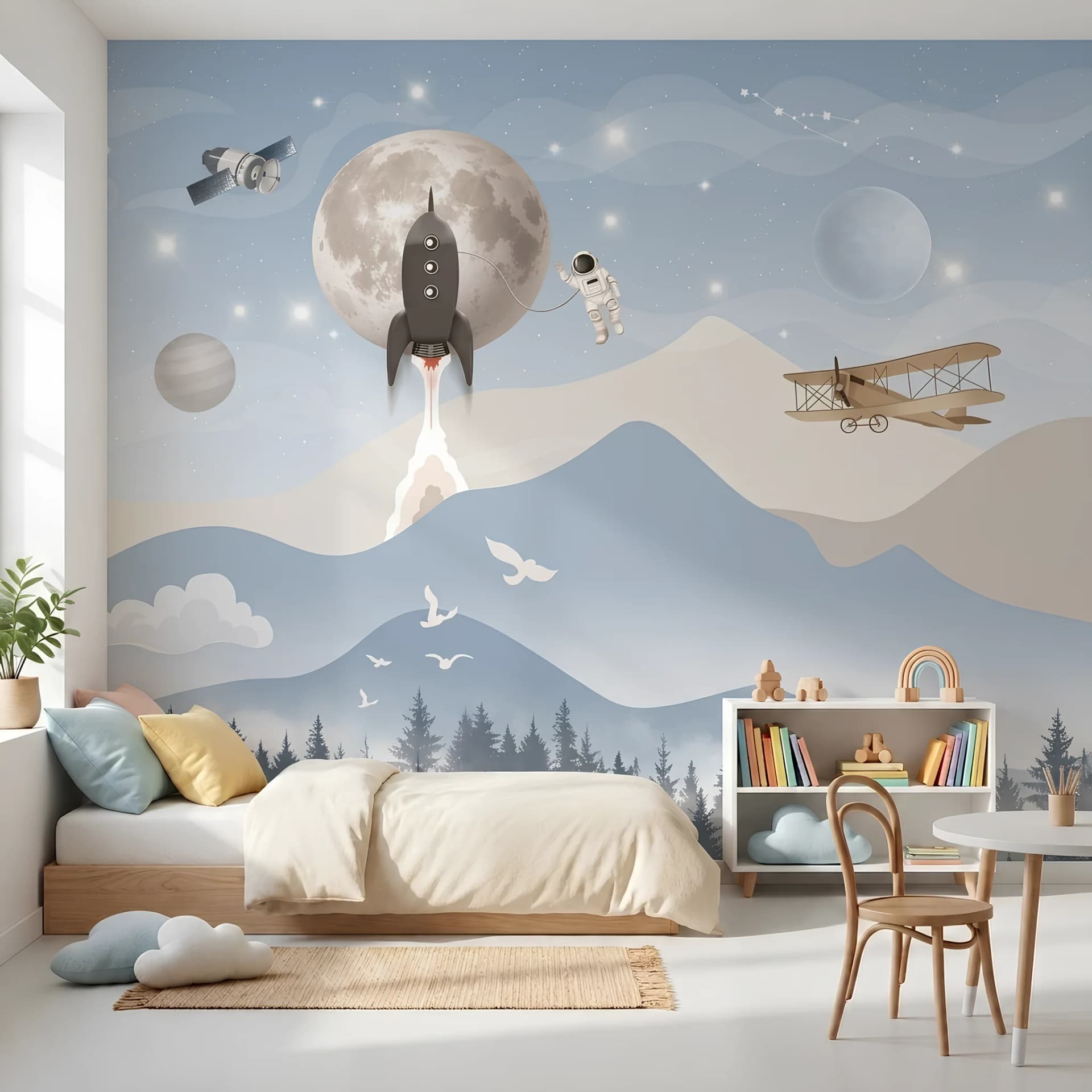 Papier peint espace et nature pastel pour chambre de garçon