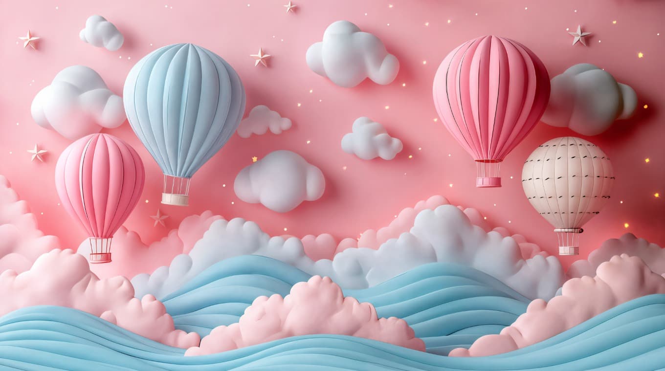 Chambre Enfant duvar kağıdı — Papier Peint Enfant Ciel Rose, Nuages et Montgolfière