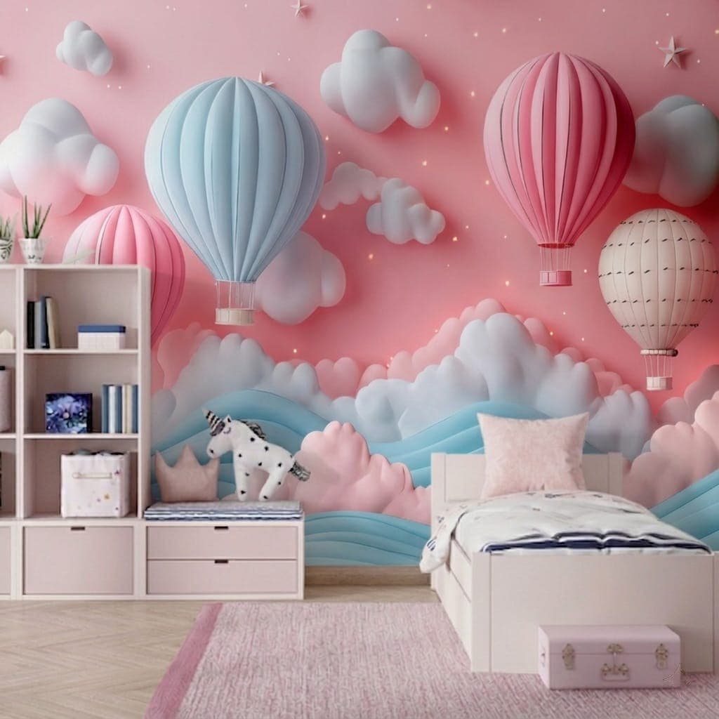 Chambre Enfant duvar kağıdı — Papier Peint Enfant Ciel Rose, Nuages et Montgolfière