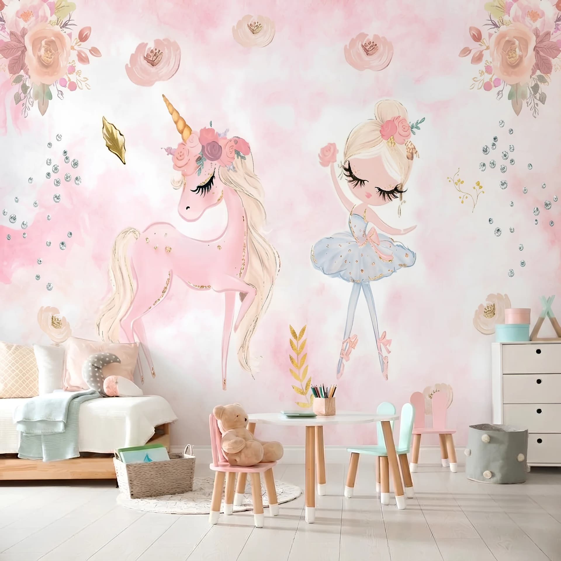Çocuk Odası duvar kağıdı — Pembe Suluboya Efektli Unicorn ve Balerin Kız Çocuk Odası Duvar Kağıdı