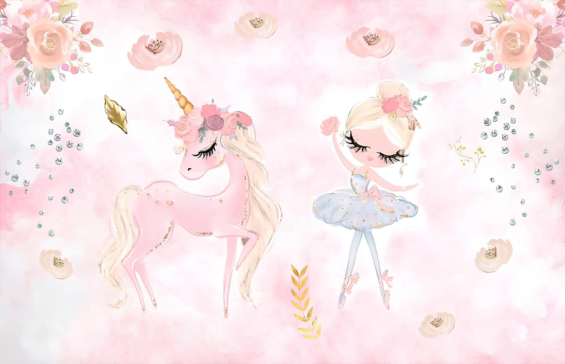 Çocuk Odası duvar kağıdı — Pembe Suluboya Efektli Unicorn ve Balerin Kız Çocuk Odası Duvar Kağıdı