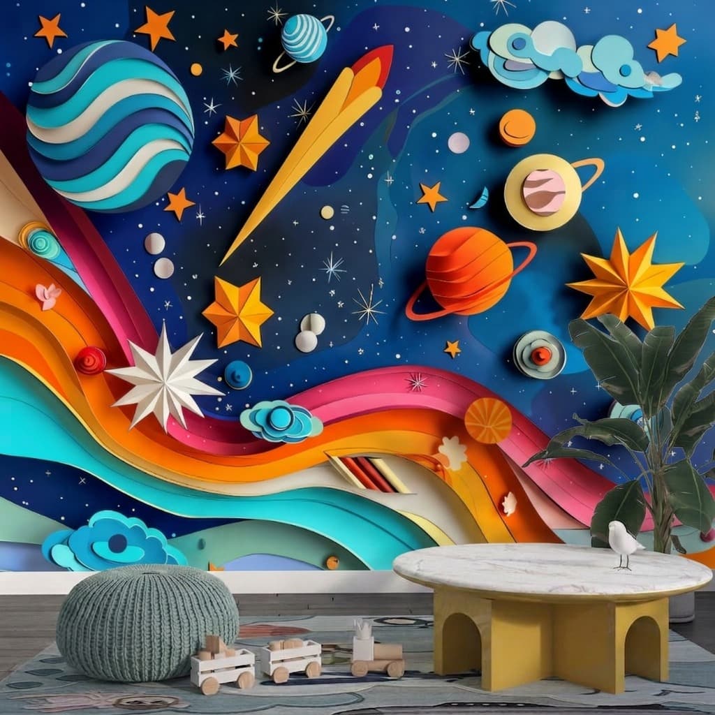 Kinderzimmer duvar kağıdı — Bunt Planeten & Regenbogen Weltraum Babyzimmer Fototapete