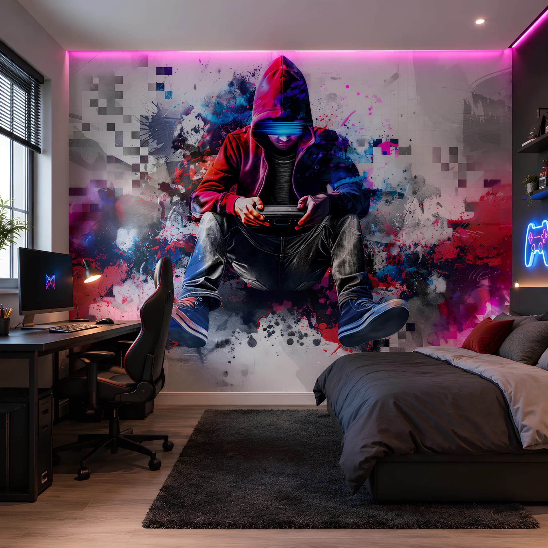 Çocuk Odası duvar kağıdı — Renkli Graffiti ve Piksel Efektli Dinamik Gamer Duvar Kağıdı