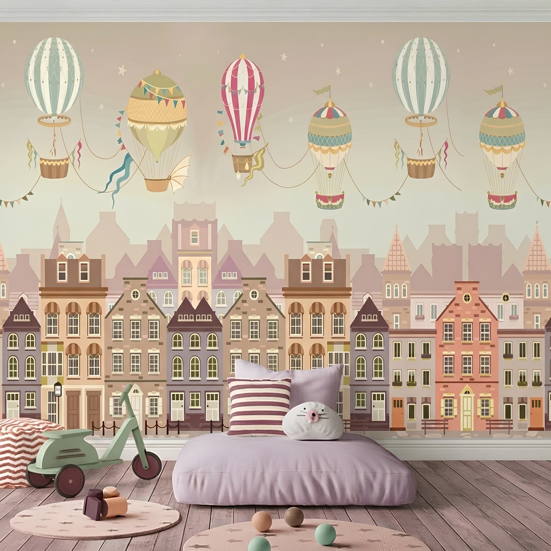 Papier peint chambre bébé maisons et montgolfières