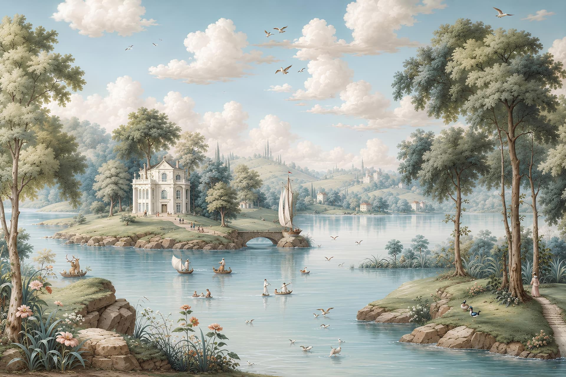 Salon duvar kağıdı — Romantik Manzaralı, Ağaç ve Kuş Desenli Salon için Duvar Kağıdı