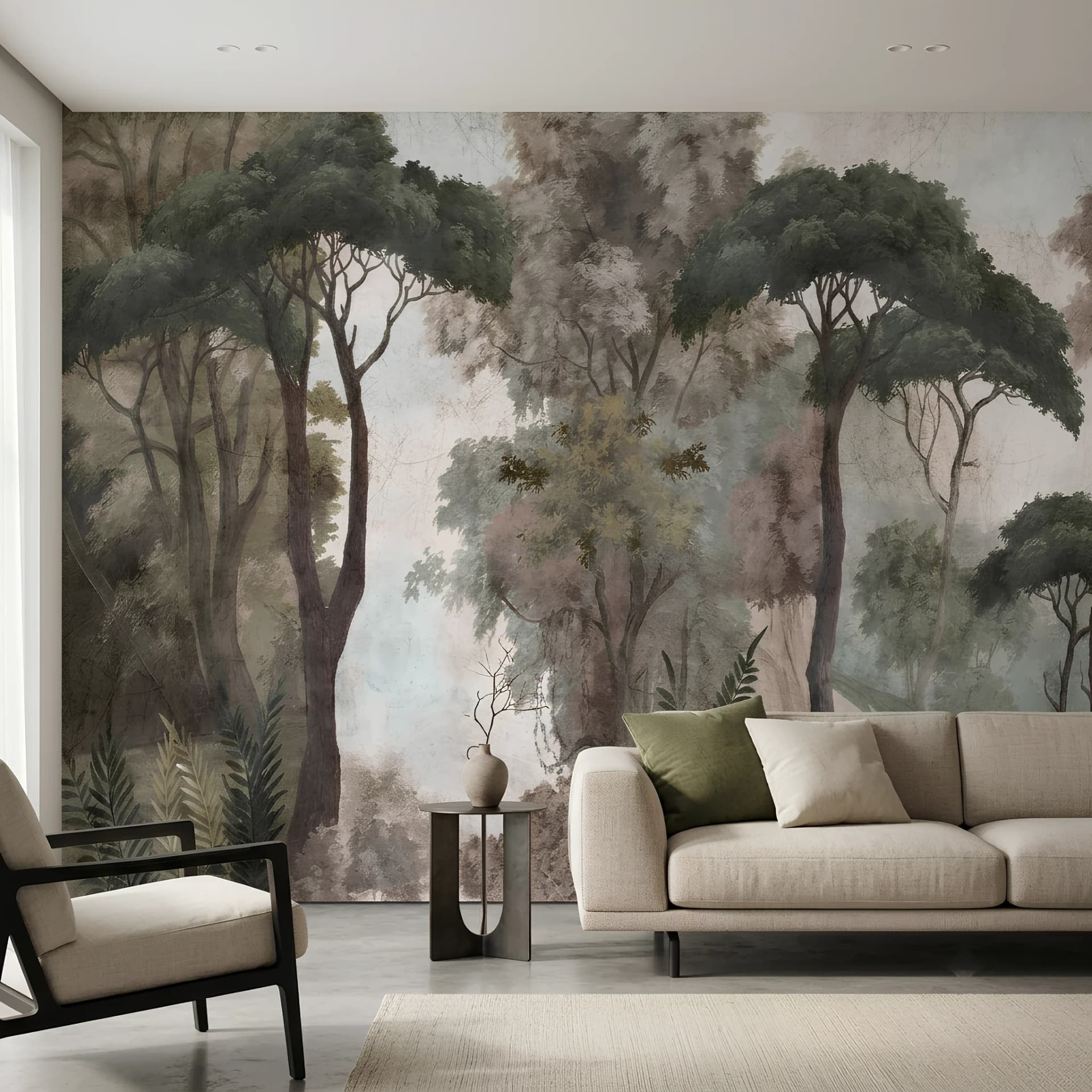Papier peint paysage de forêt vintage pour salon et chambre
