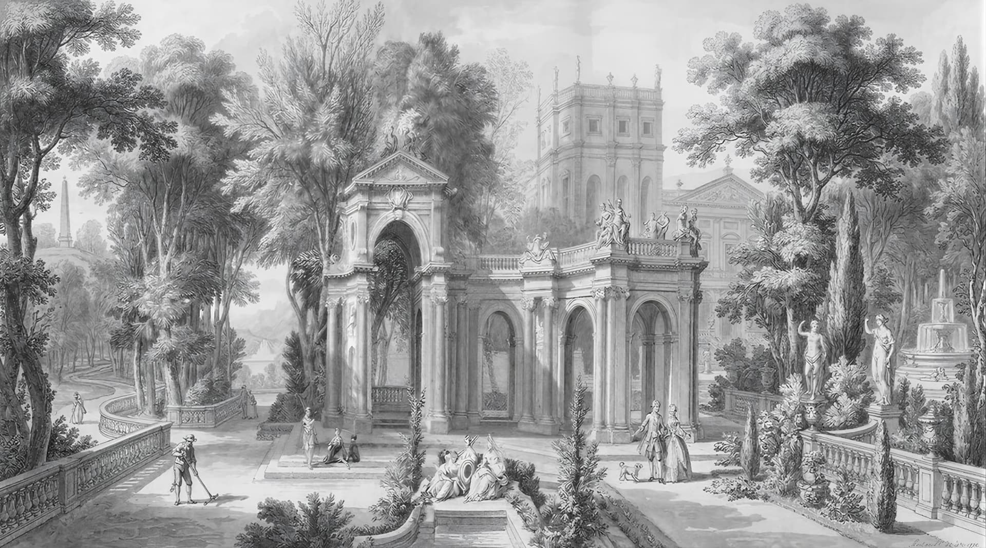 Vintage duvar kağıdı — Papier peint gravure temple antique noir et blanc