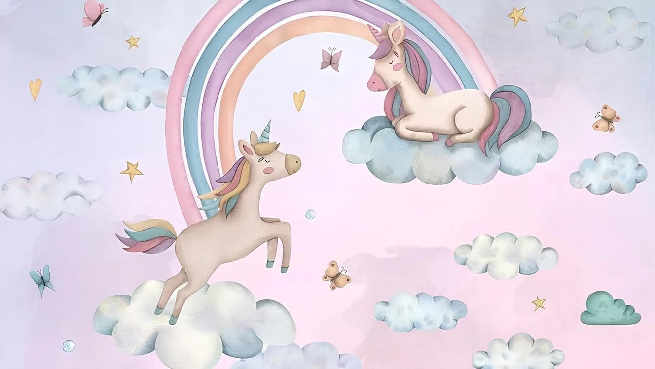 Çocuk Odası duvar kağıdı — Suluboya Desenli Unicorn ve Gökkuşağı Çocuk Odası Duvar Kağıdı