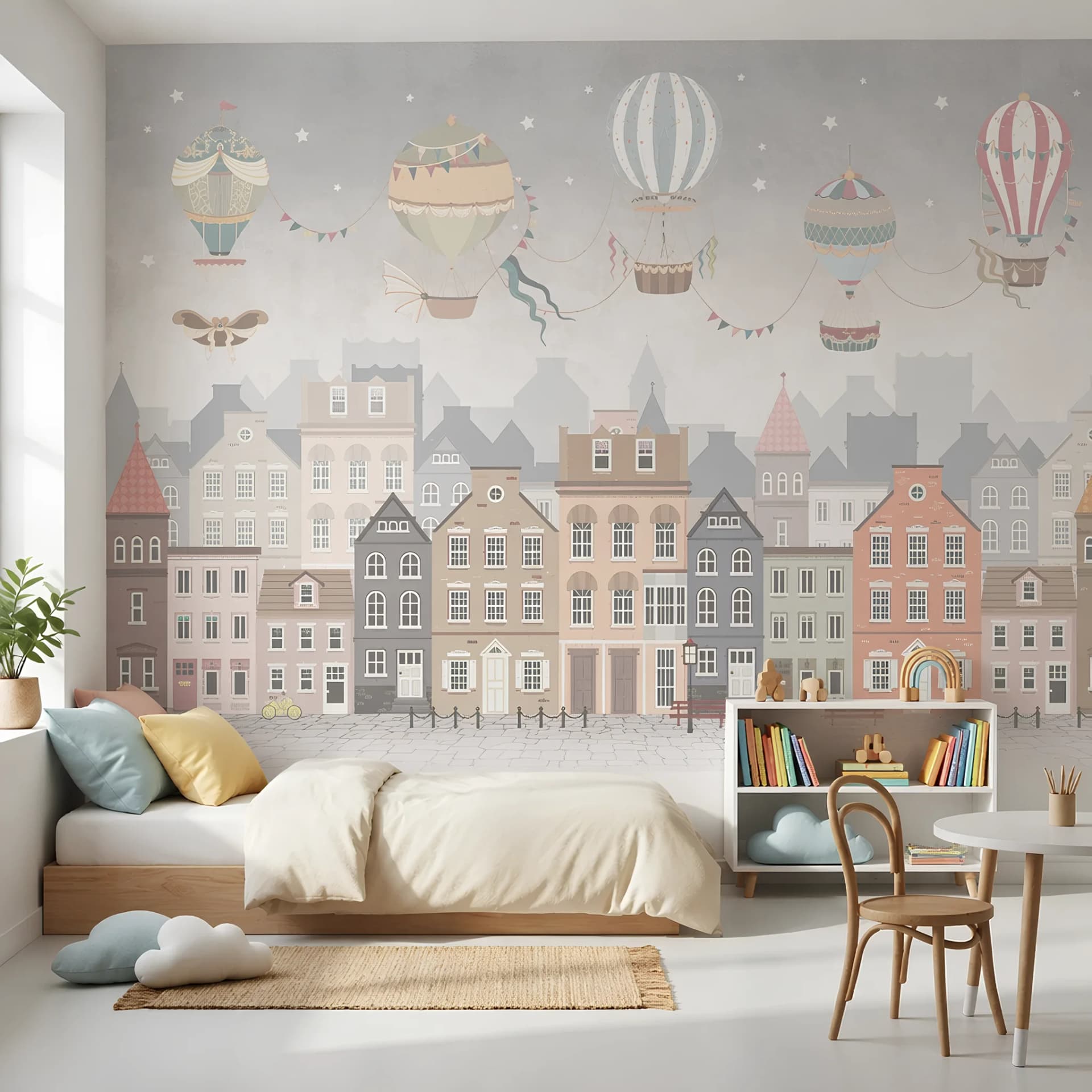 Heißluftballons und Stadtsilhouette Kinderzimmer-Fototapete