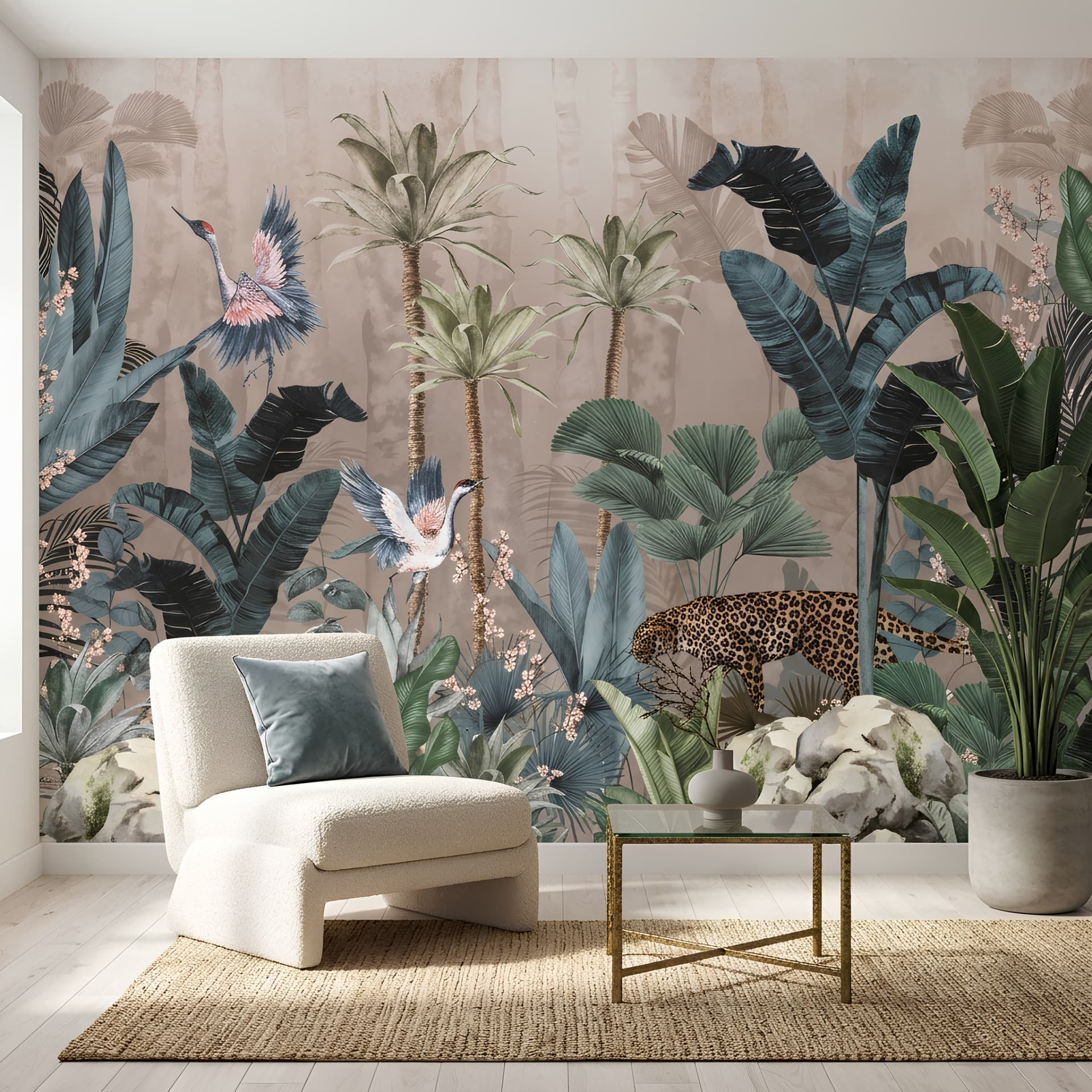 Papier peint jungle tropicale léopard et oiseaux