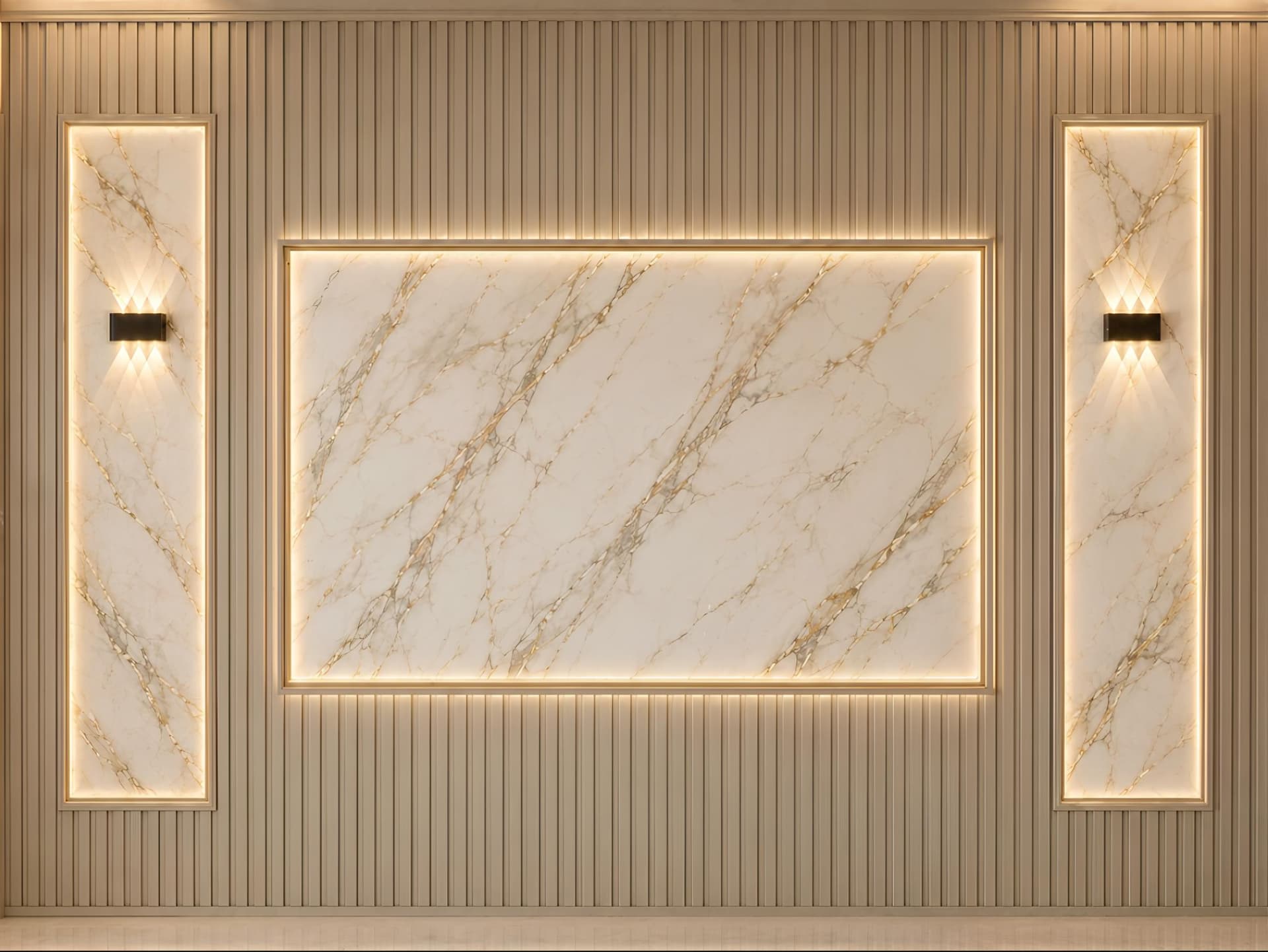 Salon duvar kağıdı — Papier peint mur TV tasseaux bois et marbre rétroéclairé