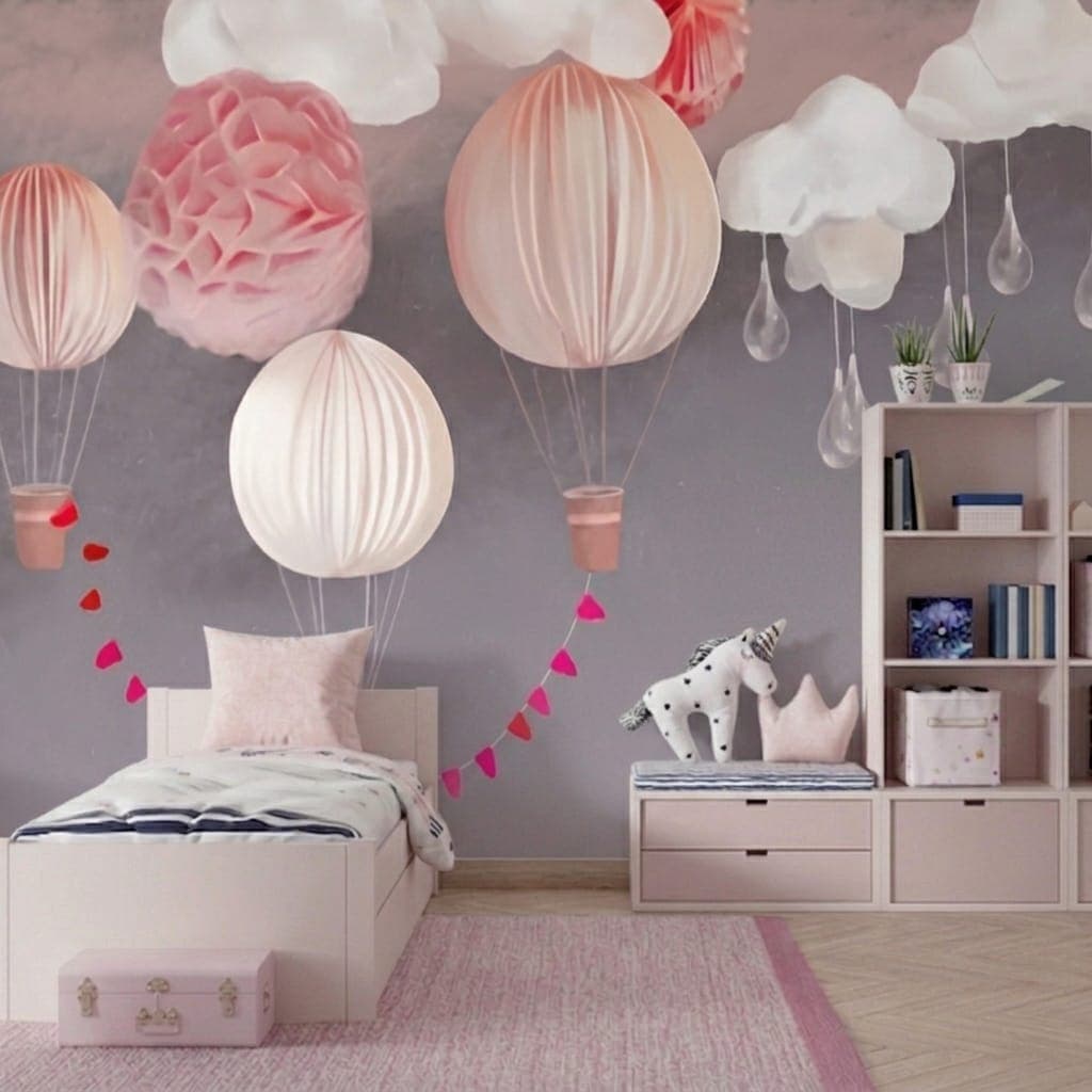 Uçan Balon ve Bulut Desenli Bebek Odası Duvar Kağıdı