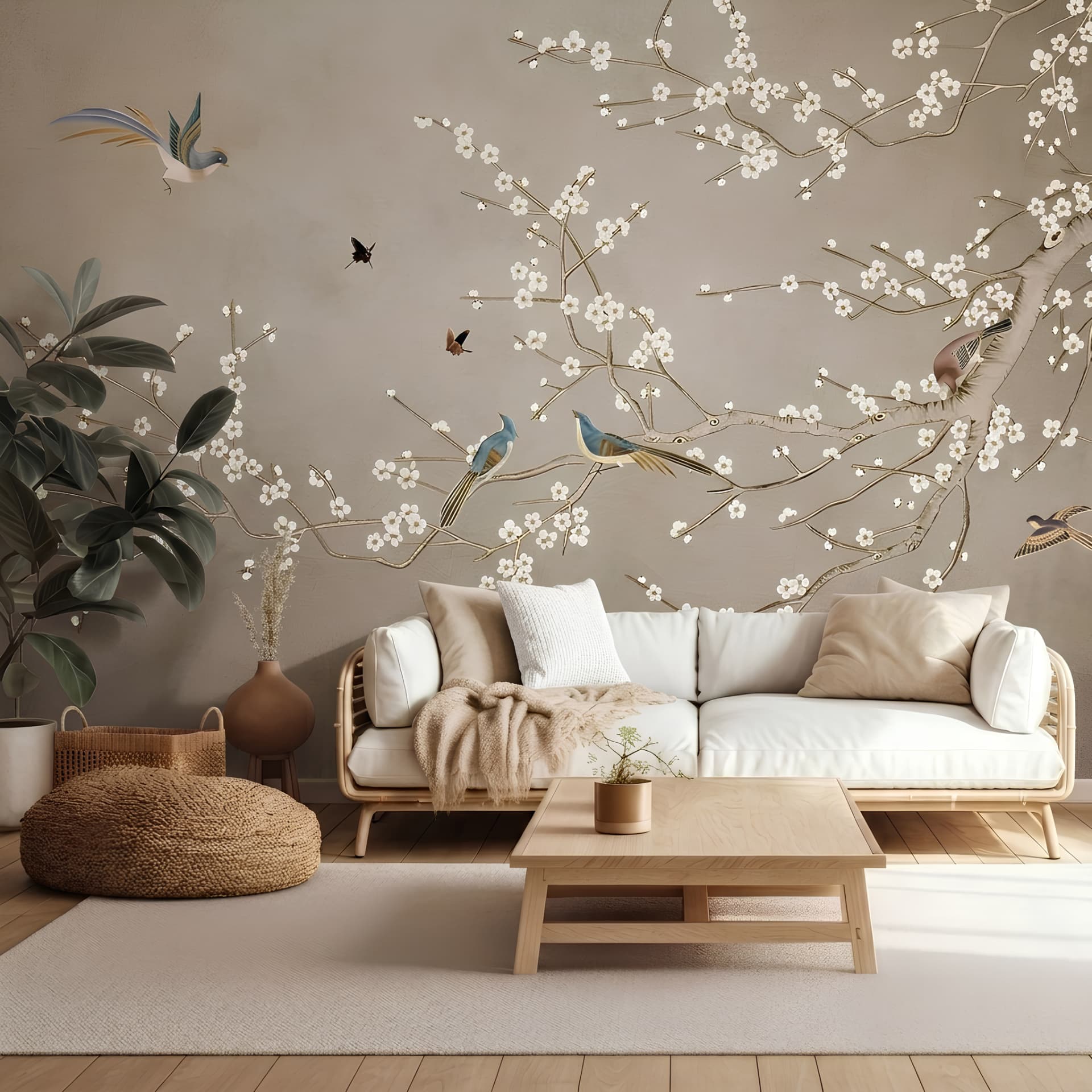 Papier peint vintage fleurs, branches et oiseaux