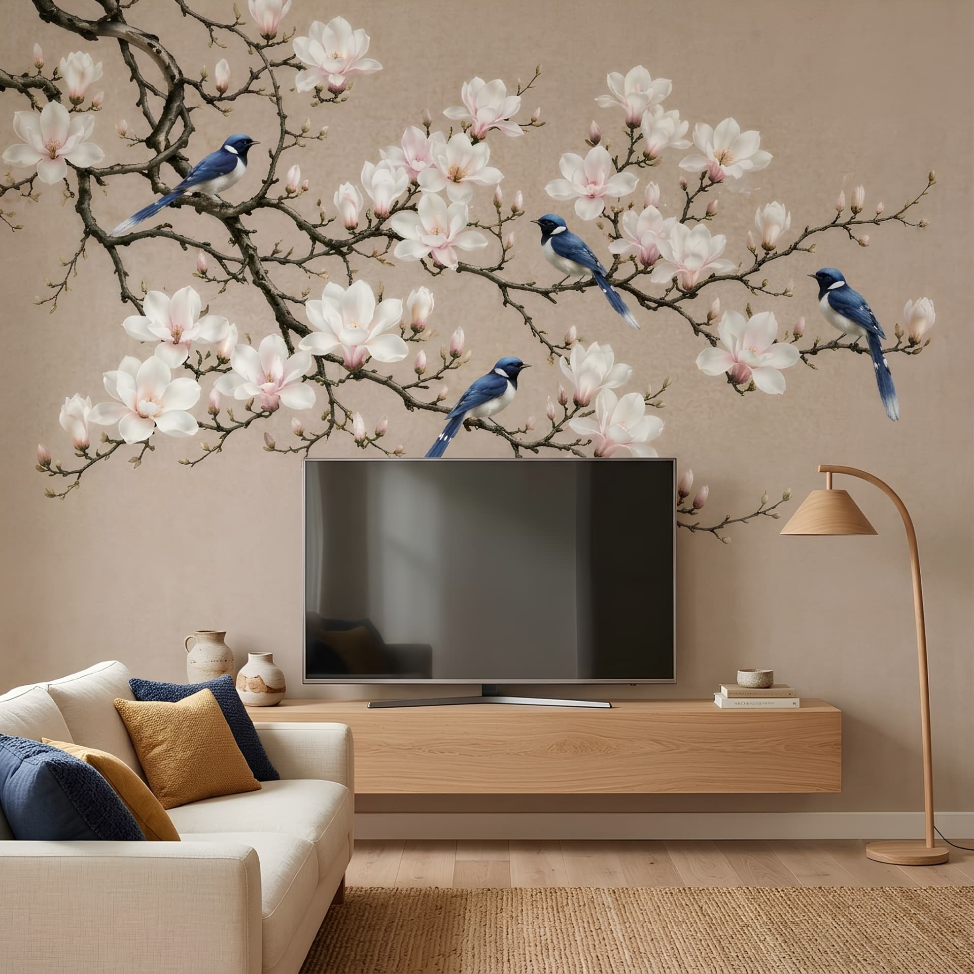Vintage Magnolia and Blue Bird Beige Wallpaper