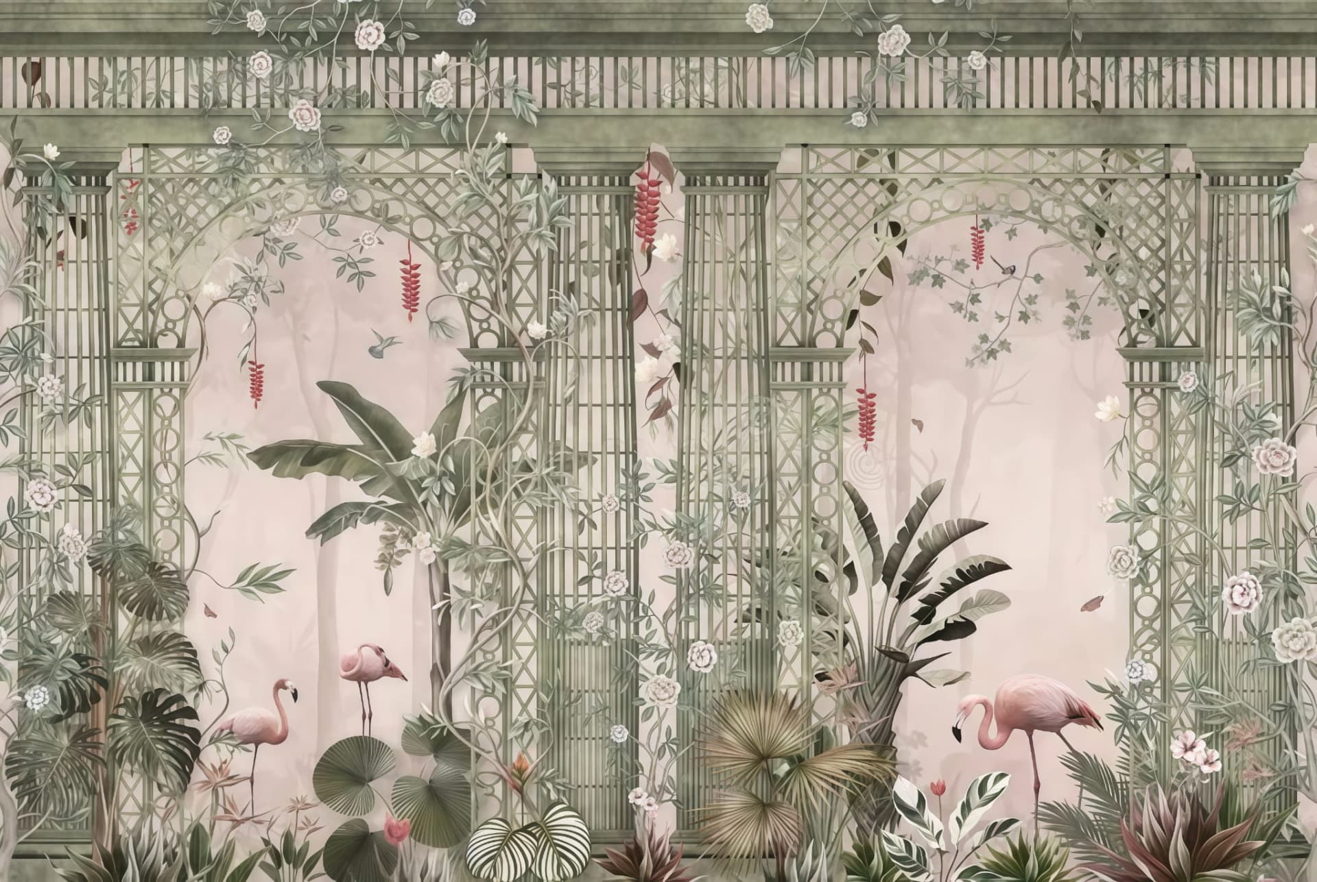 Vintage Tropikal Bahçe ve Flamingo Desenli Duvar Kağıdı